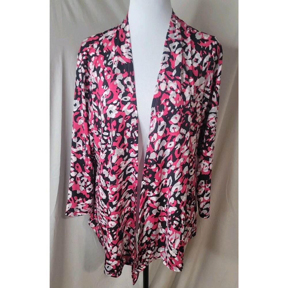 Sag Harbor Open Front Cardigan Womens Large Pink Black Floral Lightweight Top